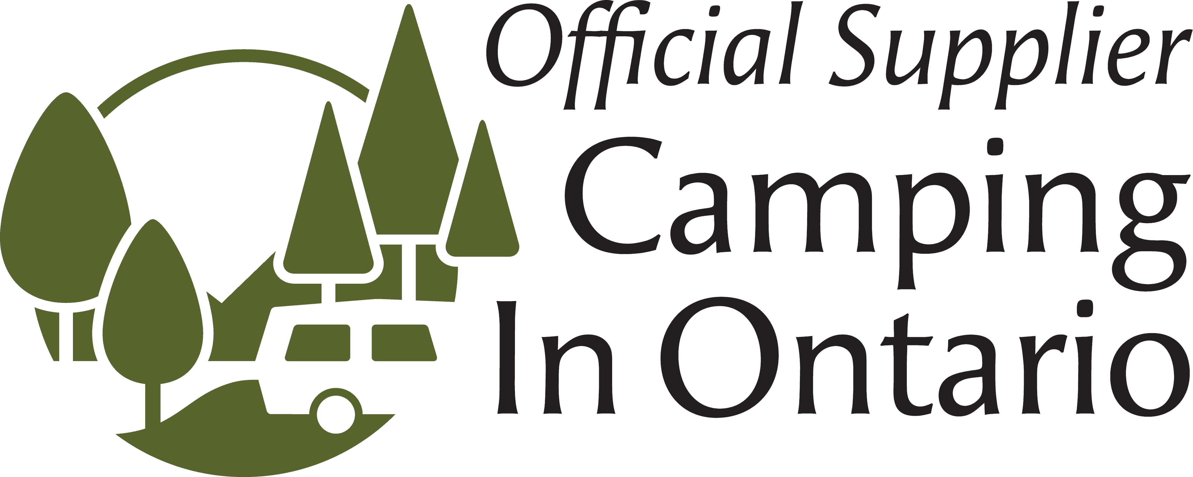 Logo of “Campground Marketing official supplier in Ontario” featuring stylized green trees and a camper van.