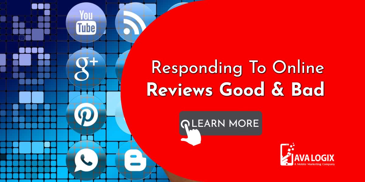 A graphic with social media icons on the left and a red section on the right displaying "Responding To Online Reviews Good & Bad"—featuring tips on how to respond to online reviews—above a "Learn More" button.