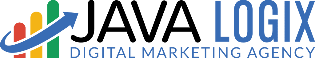 Java Logix digital marketing agency logo featuring a multicolored bar chart with an upward blue arrow next to the company name in bold black and blue letters.