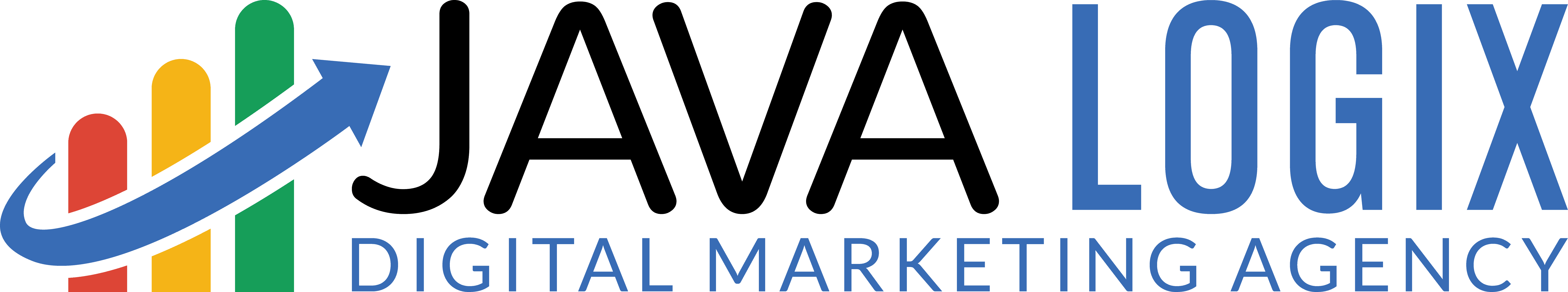 Java Logix digital marketing agency logo featuring a multicolored bar chart with an upward blue arrow next to the company name in bold black and blue letters.