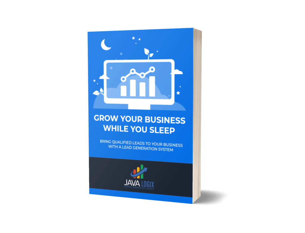 Book titled "Grow Your Business While You Sleep" by Java Logix, featuring a graph on a computer screen and highlighting how an AI call receptionist can help automate tasks—all set against a blue background with moon and stars.