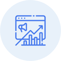 Digital Marketing Canada Long Blue line icon of a web page with a megaphone, upward trending arrow, and bar chart, symbolizing online marketing growth or digital analytics by javalogix.