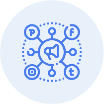 Toronto Email Marketing Blue icon featuring a megaphone at the center, connected to social media symbols, representing social media marketing or communication by javalogix.