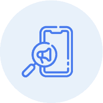 Toronto Email Marketing Blue outline icon of a smartphone with a magnifying glass over a megaphone, symbolizing mobile marketing or advertising search—ideal for showcasing Javalogix’s digital strategies.