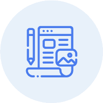 Digital Marketing Canada Long Blue icon of a pencil, a document with text and images, and a picture icon on a light blue circular background, representing javalogix solutions for streamlined content creation.