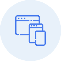 Toronto Email Marketing Blue line icon of three overlapping devices—a computer monitor, a tablet, and a smartphone—on a light blue circular background, representing Javalogix’s seamless multi-device integration.