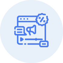 Toronto Email Marketing Blue line icon of a media player window with a megaphone, chat bubble, play button, and percentage symbol, representing javalogix digital marketing or online promotions.