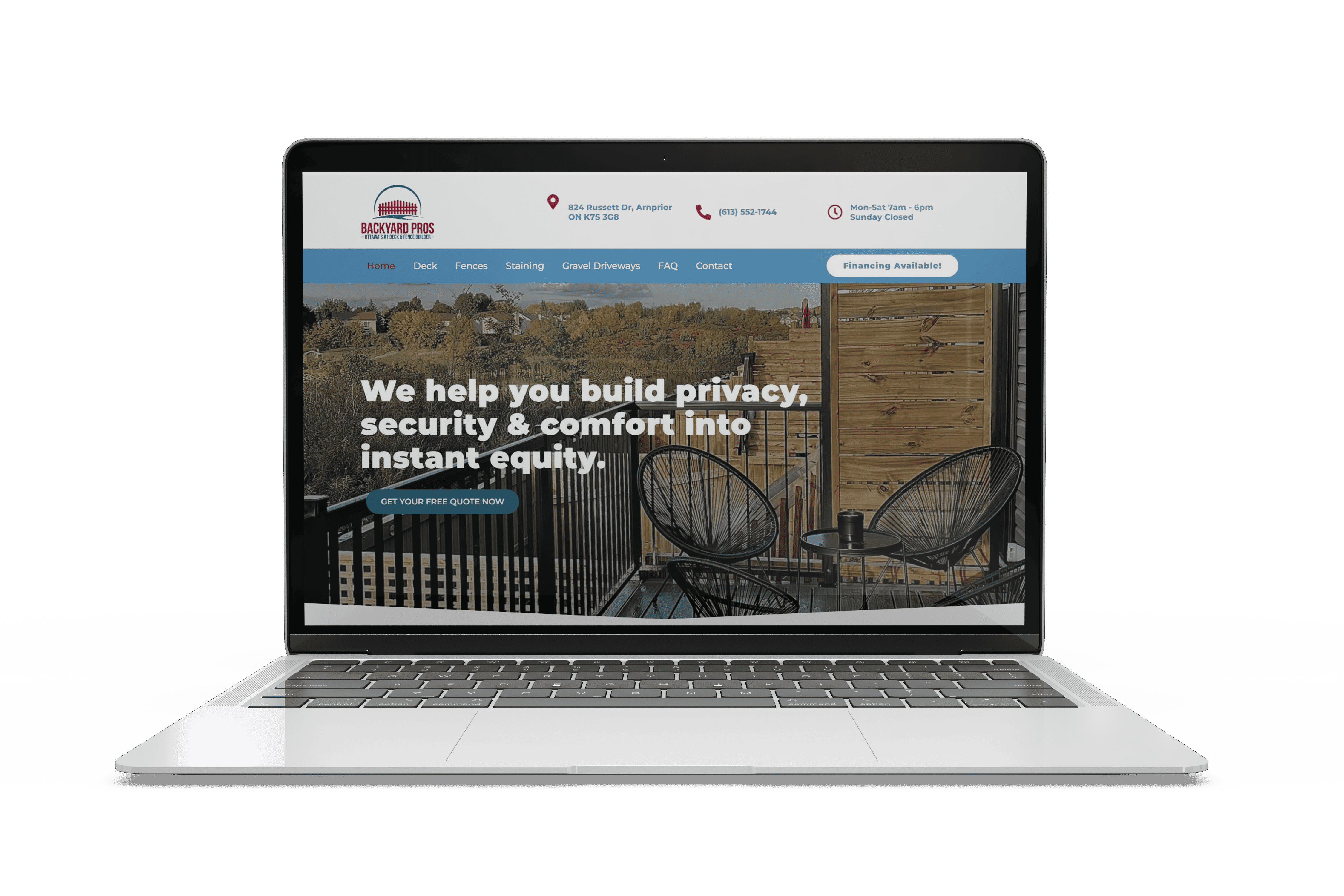 A laptop displaying the homepage of a home security company.