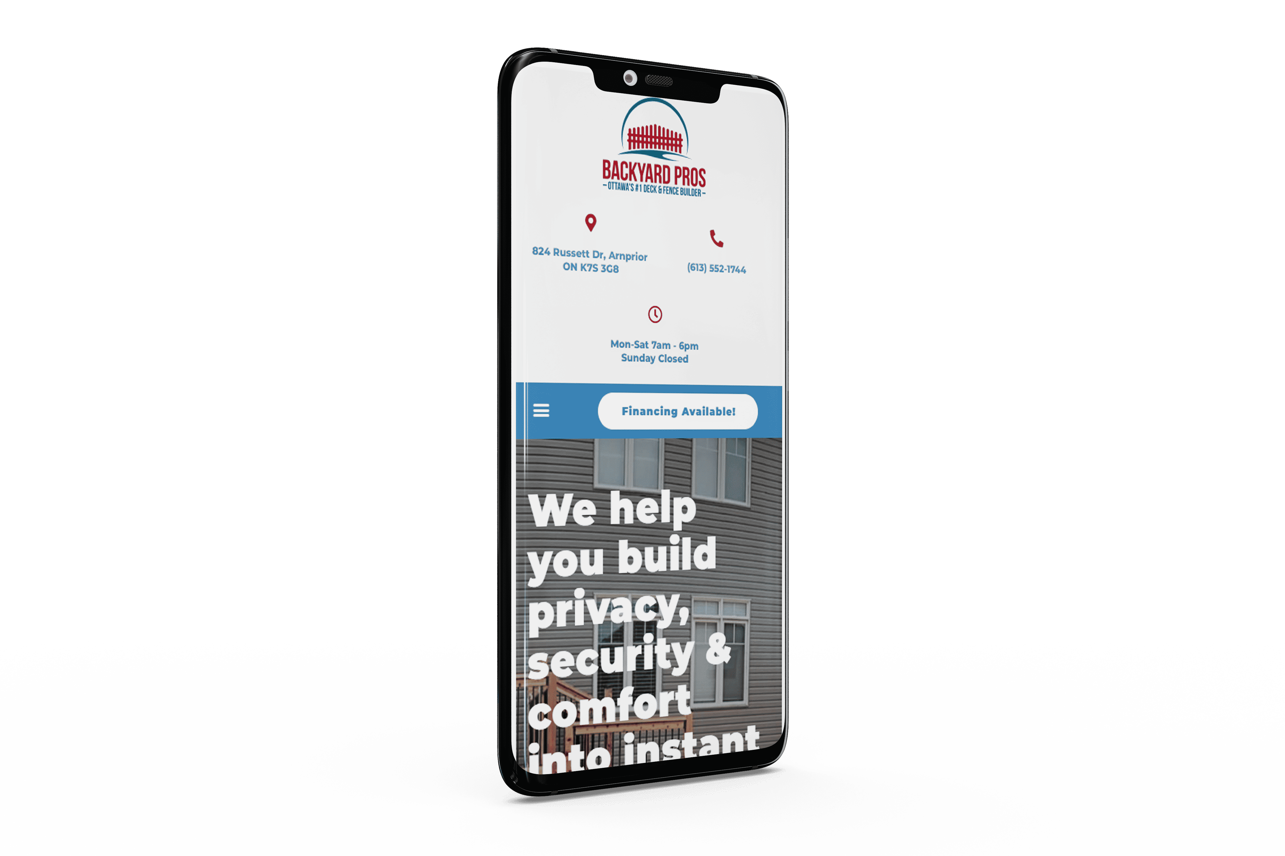 A smartphone with the words help build privacy and comfort.