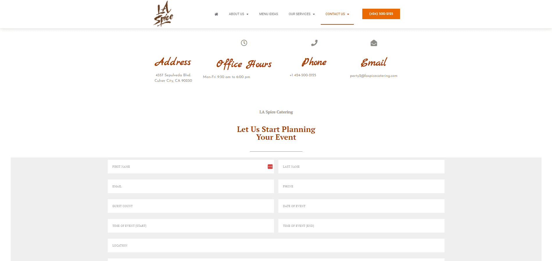 Portfolio | LA Spice Catering A website with a white background and orange text.