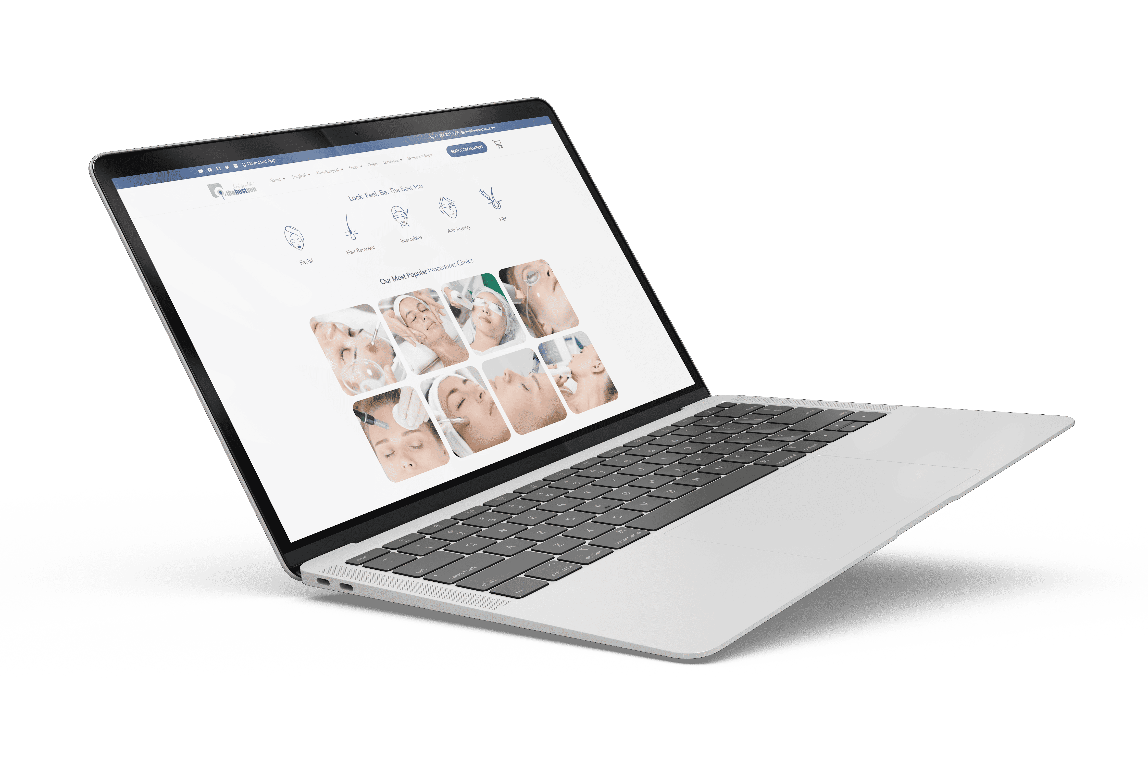 A laptop with a photo of a woman's face on it.