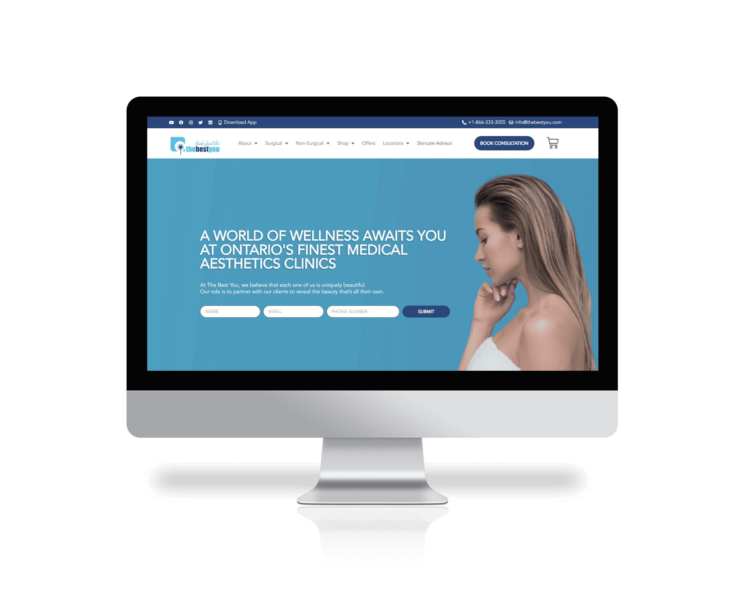 A computer screen showing a website for a cosmetic clinic.
