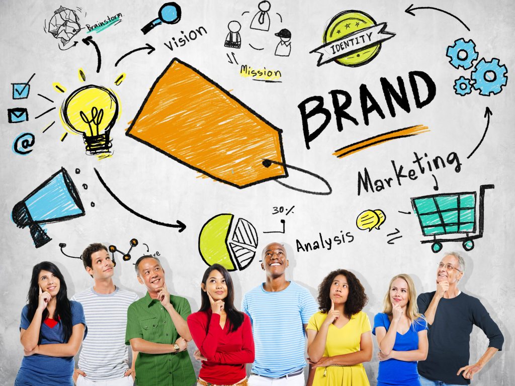 A diverse group of people stand thinking below a wall with sketches and words related to branding, including a tag, light bulb, pie chart, and icons for the best marketing agency and analysis.