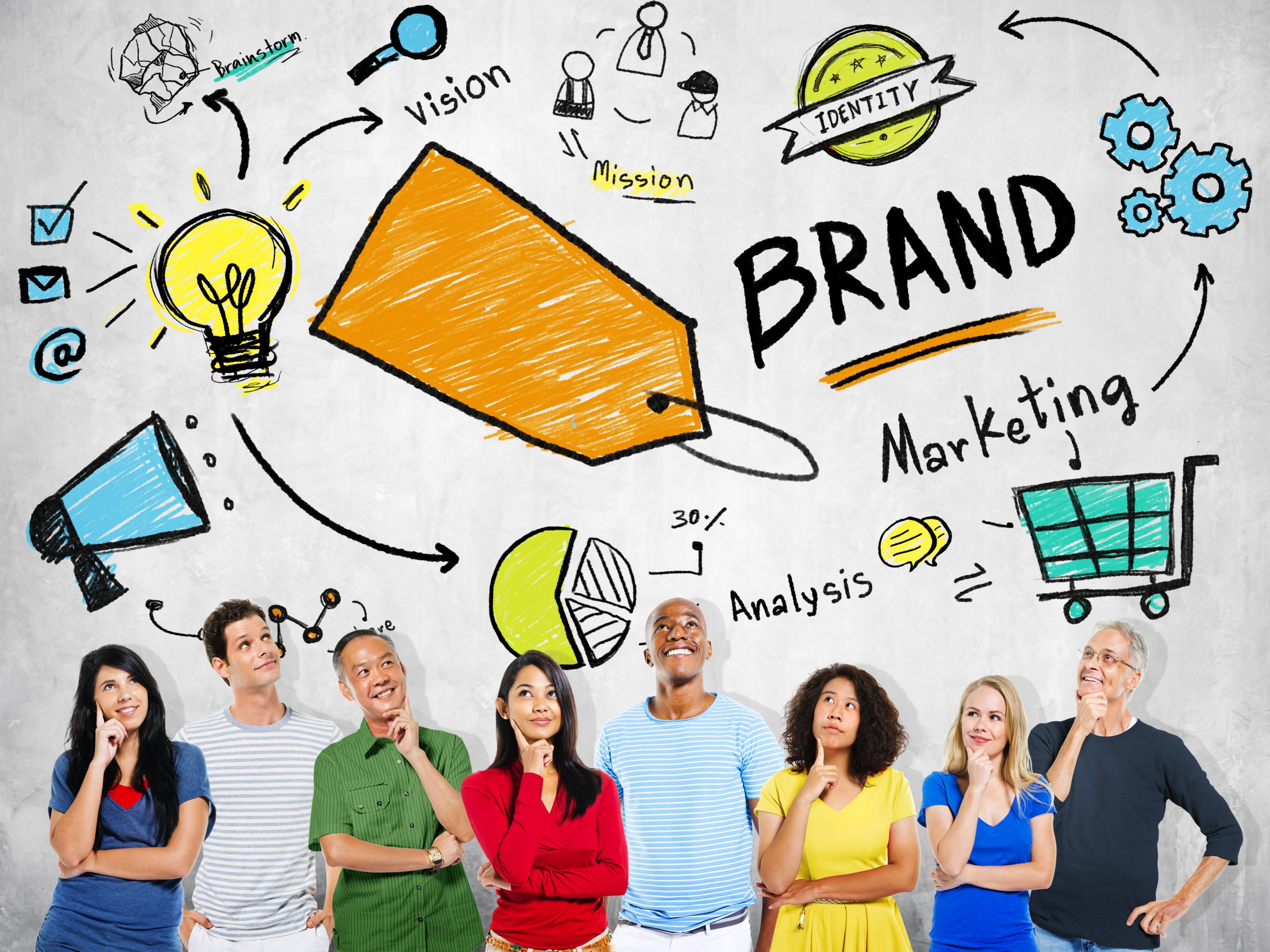A diverse group of people look up thoughtfully in front of a wall with colorful brand-related doodles and words, reflecting the creative process at a local digital marketing agency.