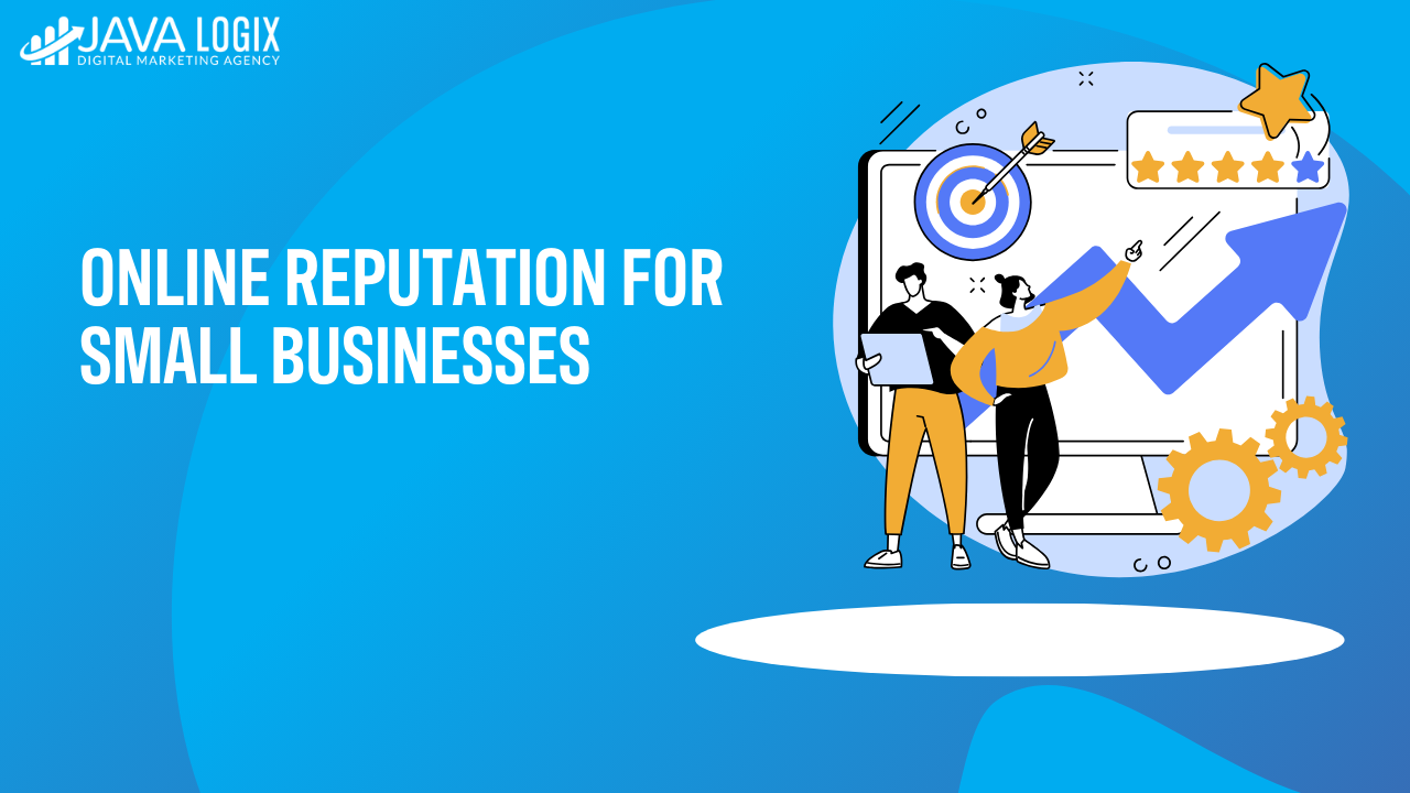 The illustration showcases two people analyzing growth with graphs and a target. Against a blue backdrop displaying "Online Reputation for Small Businesses," the Java Logix logo stands prominently. Visit https://portal.javalogix.ca/tasks/2323456 for more insights.