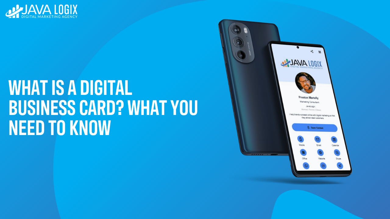 A smartphone showcases a digital business card interface with a profile image and contact icons against a blue backdrop. Text reads: "What is a digital business card? What you need to know about maximizing the ROI of your professional networking, ROI of Your Professional Networking via Digital Business Cards, enhance your networking with digital business cards, what is a digital business card