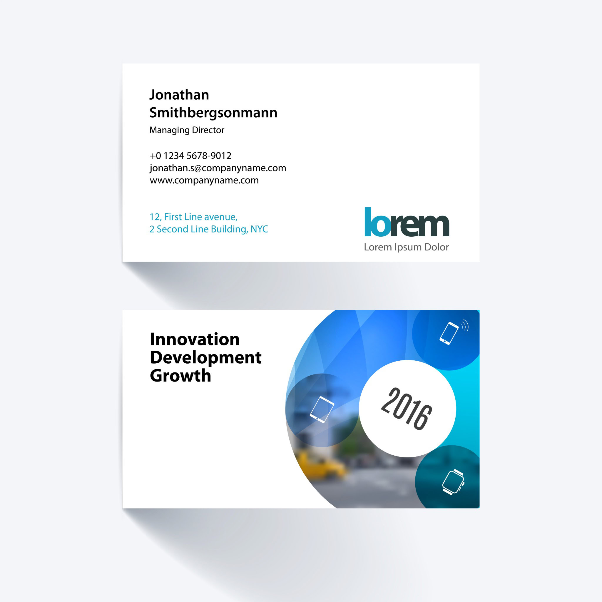 Two business cards: one featuring the contact info of Jonathan Smithbergsonmann, Managing Director; and another showcasing an abstract design with "2016" and words "Innovation Development Growth." Discover the ROI of your professional networking via digital business cards, enhance your networking with digital business cards