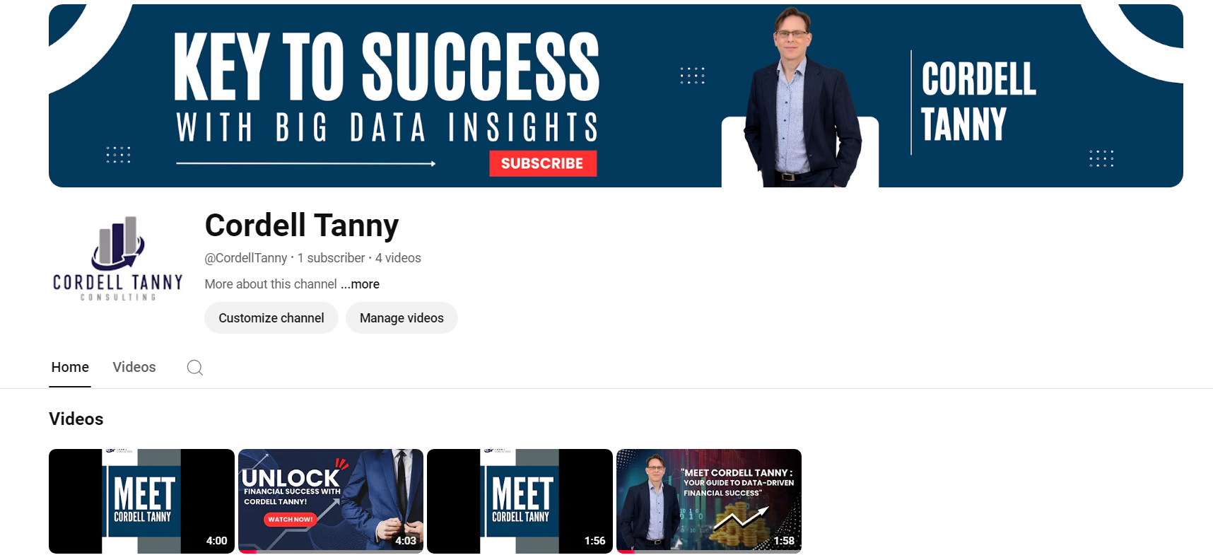 YouTube channel page of Cordell Tanny Consulting, featuring a banner with the phrase "Key to Success with Big Data Insights" and a red "Subscribe" button. Explore videos on impactful branding case studies displayed below.