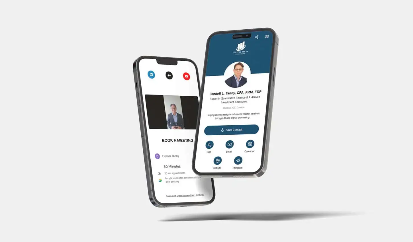Two smartphones display a business contact profile and a booking screen against a plain background, illustrating a branding case study in seamless digital communication, digital networking cards