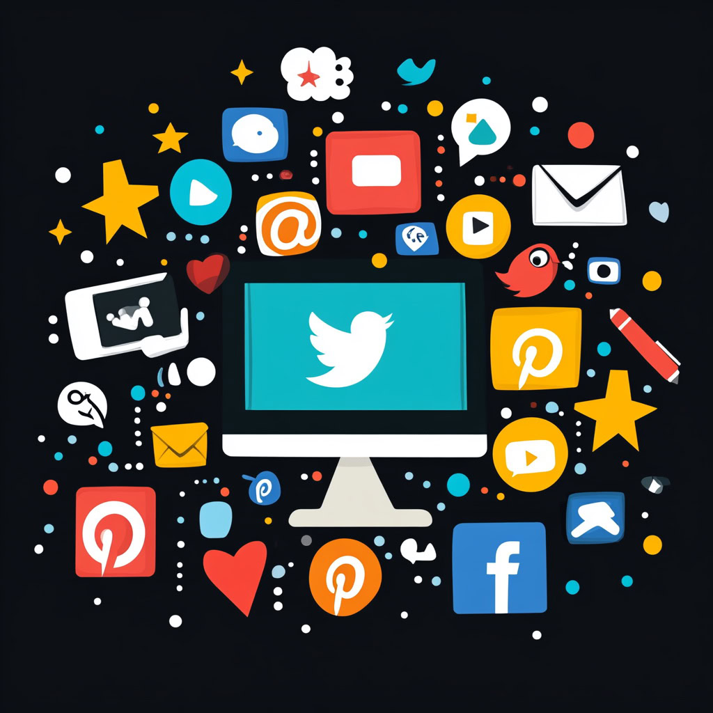 A computer monitor showcases a blue bird icon encircled by vibrant social media icons like Facebook, Instagram, and YouTube on a black background, symbolizing the power of social media advertising in today’s digital landscape, toronto social media marketing