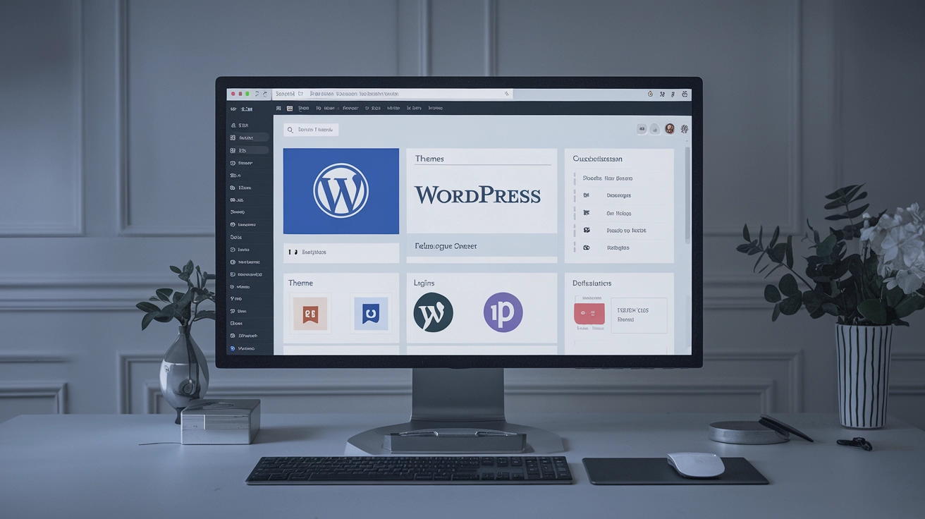 A computer monitor displaying the WordPress dashboard highlights themes, plugins, and updates, all crucial for efficient website development. The desk features plants, a notebook, and a pen for jotting down ideas.