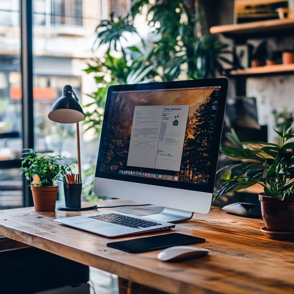 A desktop computer on a wooden table displays a document, its screen reflecting the essentials of building an online presence for small businesses. Surrounding the setup are plants, a lamp, a mouse, and a phone, with sunlight streaming through the large window in the background, managed online presence, Small Business Marketing Toronto