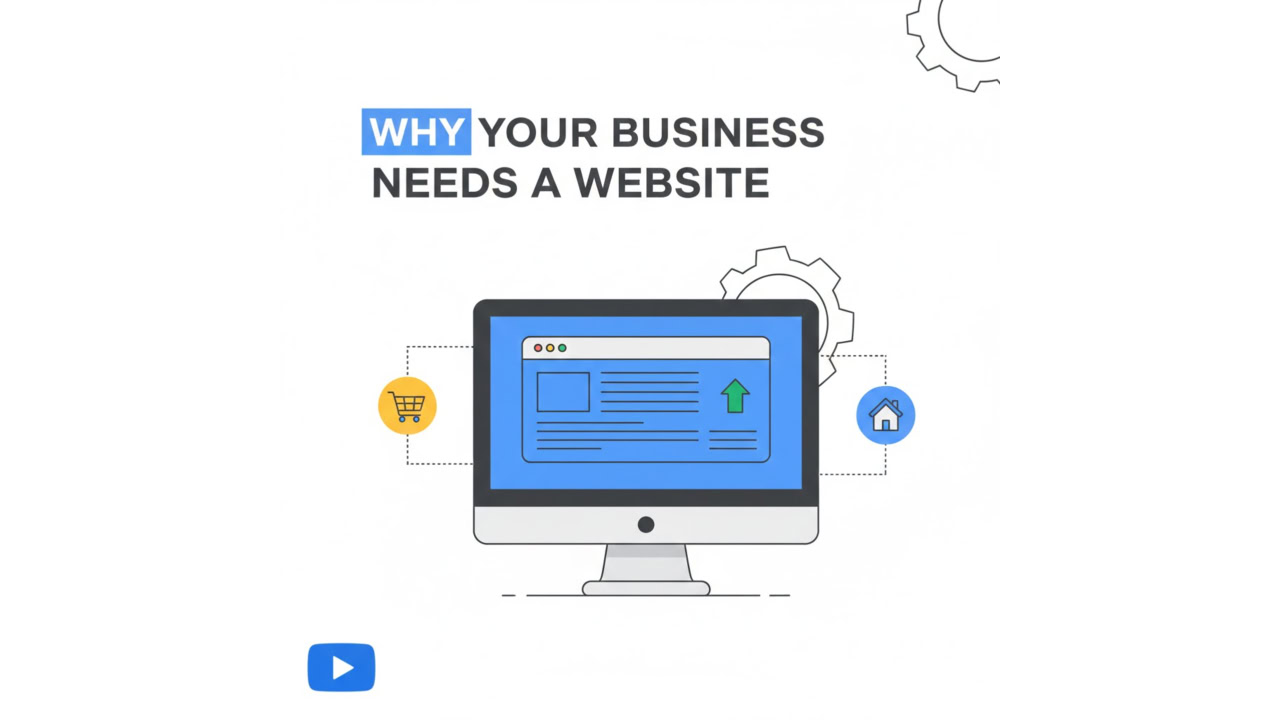 An illustration of a computer monitor displaying a website, surrounded by icons and gears, with the headline "Why Your Business Needs a Website" emphasizing the importance of establishing your online presence.