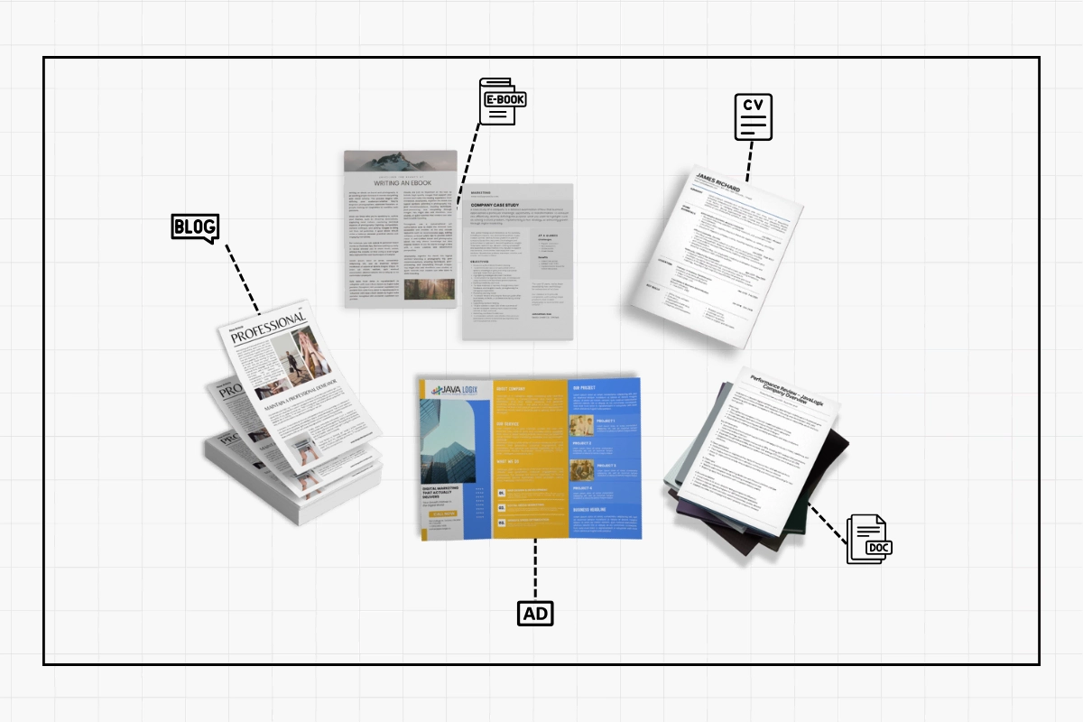 A collection of printed materials, including magazines, articles, resumes, advertisements, and documents—each labeled as BLOG, EBOOK, CV, AD, and DOCX—for a comprehensive digital marketing portfolio.