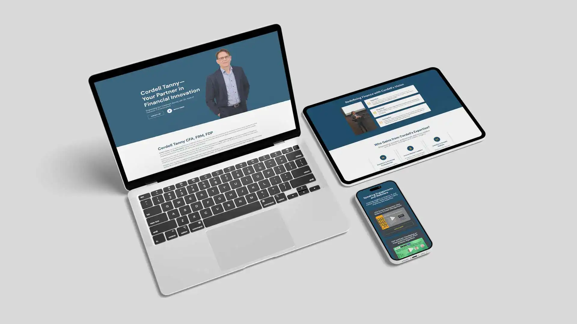 A laptop, tablet, and smartphone display the same professional financial advisor website on a plain gray background, showcasing cohesive branding services across devices.