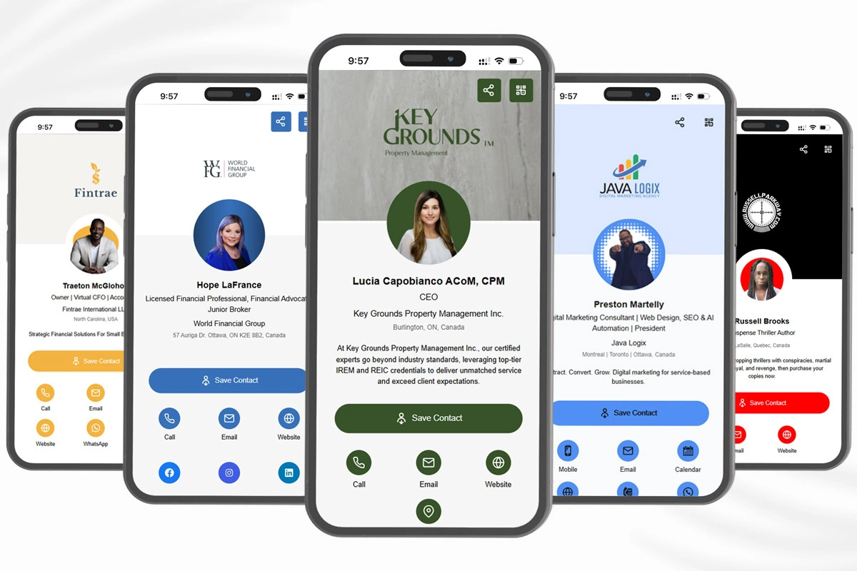 Five smartphones display digital business cards, each featuring a professional’s photo, contact information, company logo, and communication icons—perfect for showcasing your digital marketing portfolio.