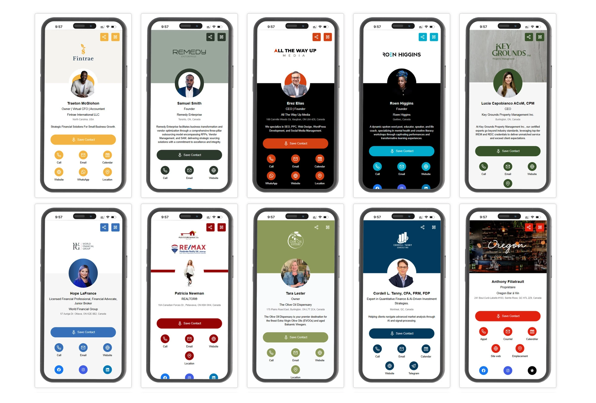 Ten smartphones display digital business cards as professional profile cards for various individuals from different industries, each showing a photo, name, profession, contact icons, and brief bio details.
