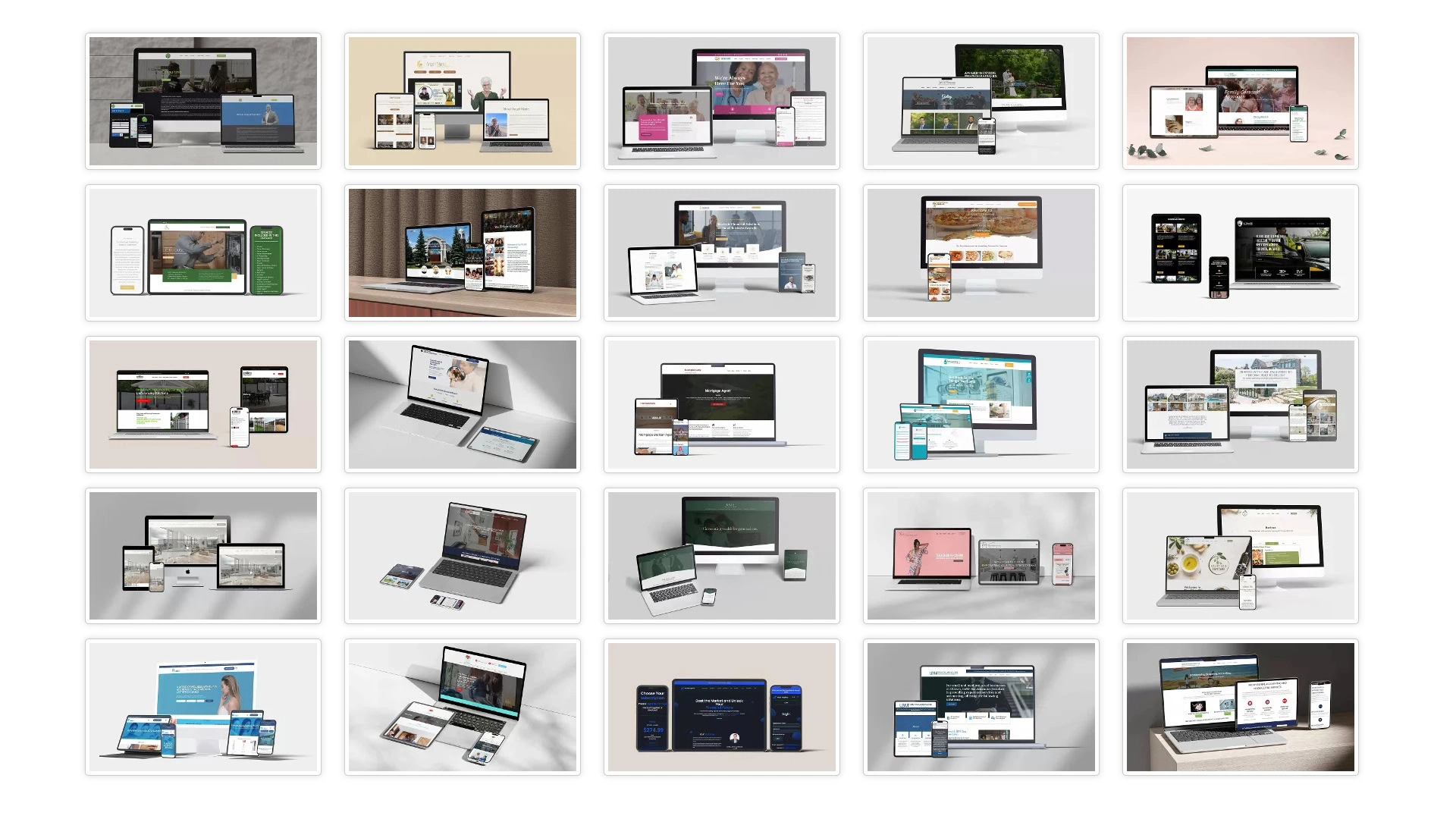 A grid of 25 images displays various website designs on devices, showcasing layouts and color schemes crafted by a digital marketing agency to highlight their creative expertise.