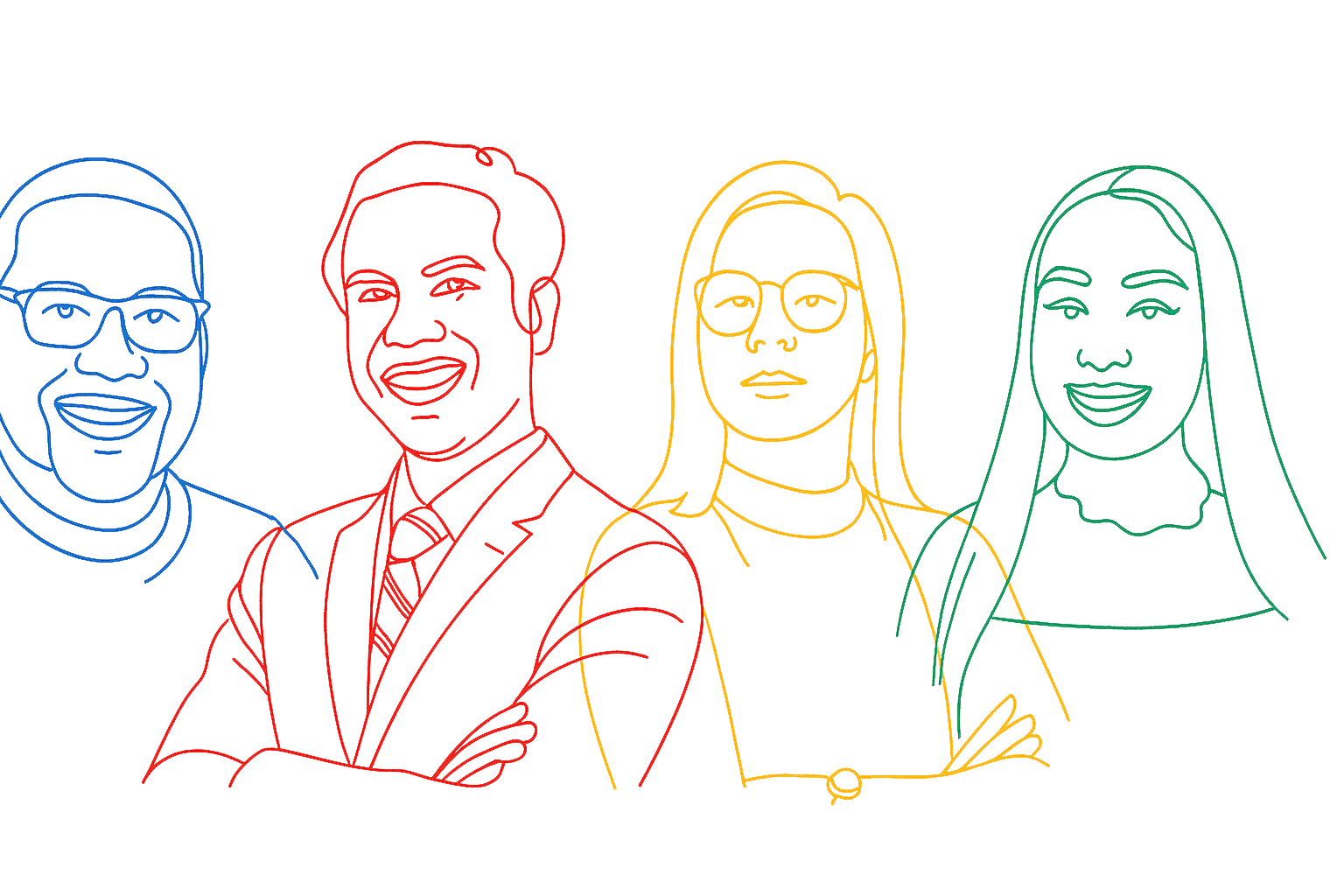 Line drawing of four Javalogix-Team members in different colors, each with a distinct facial expression and pose, standing side by side against a plain background.