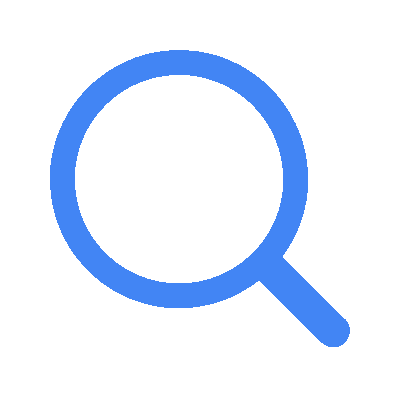 A blue square with a transparent magnifying glass icon in the center, symbolizing the search function often used by a digital marketing agency.