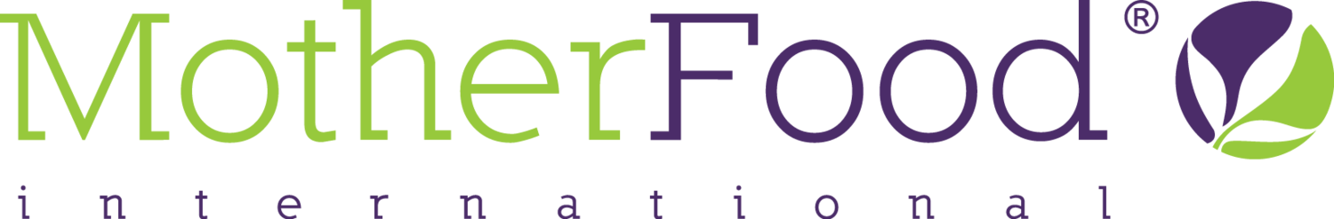 MotherFood International logo with "Mother" in green, "Food" in purple, a leaf graphic, and "international" in lowercase purple letters below—ideal for a digital marketing portfolio showcasing creative branding.