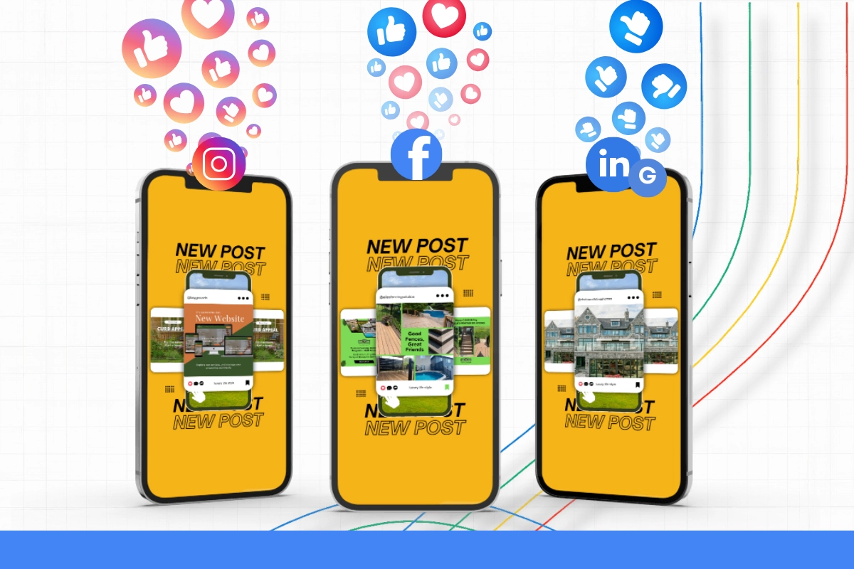 Three smartphones display "New Post" graphics with Instagram, Facebook, and LinkedIn icons above, surrounded by their social media reaction icons—perfect for showcasing your digital marketing portfolio.