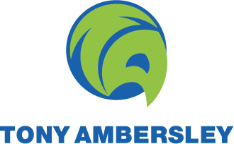 A green and blue abstract bird logo above the text "TONY AMBERSLEY" in bold blue capital letters, ideal for a digital marketing portfolio.