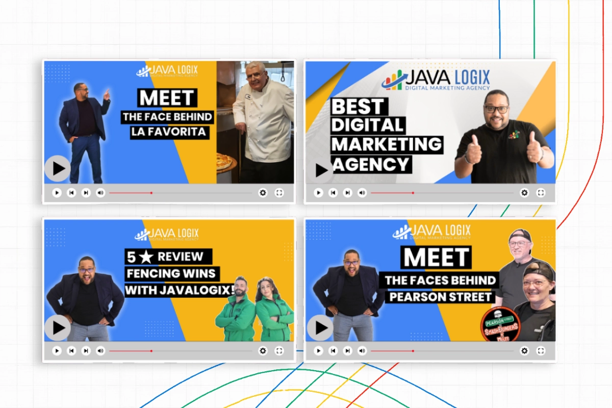 A collage of four YouTube video thumbnails featuring people smiling, with bold text promoting business interviews and reviews, all branded with the Java Logix digital marketing agency logo.