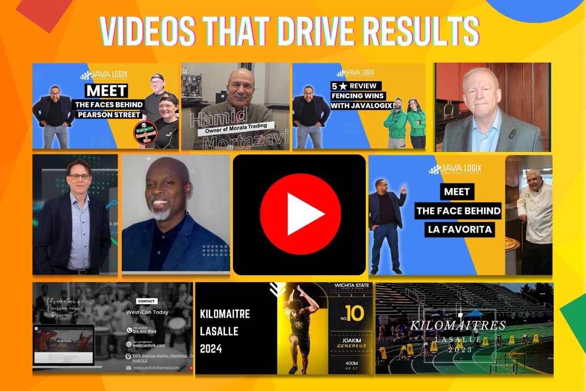 A collage of video thumbnails featuring different people, bold text titles, and a central play button highlights the power of our video marketing service, with the heading "Videos That Drive Results" at the top.