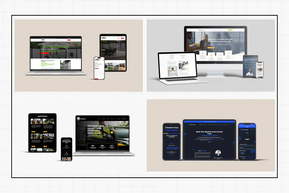 A grid of four sections showcases various website and app designs created by a digital marketing agency, displayed on laptops, tablets, and smartphones against neutral backgrounds.