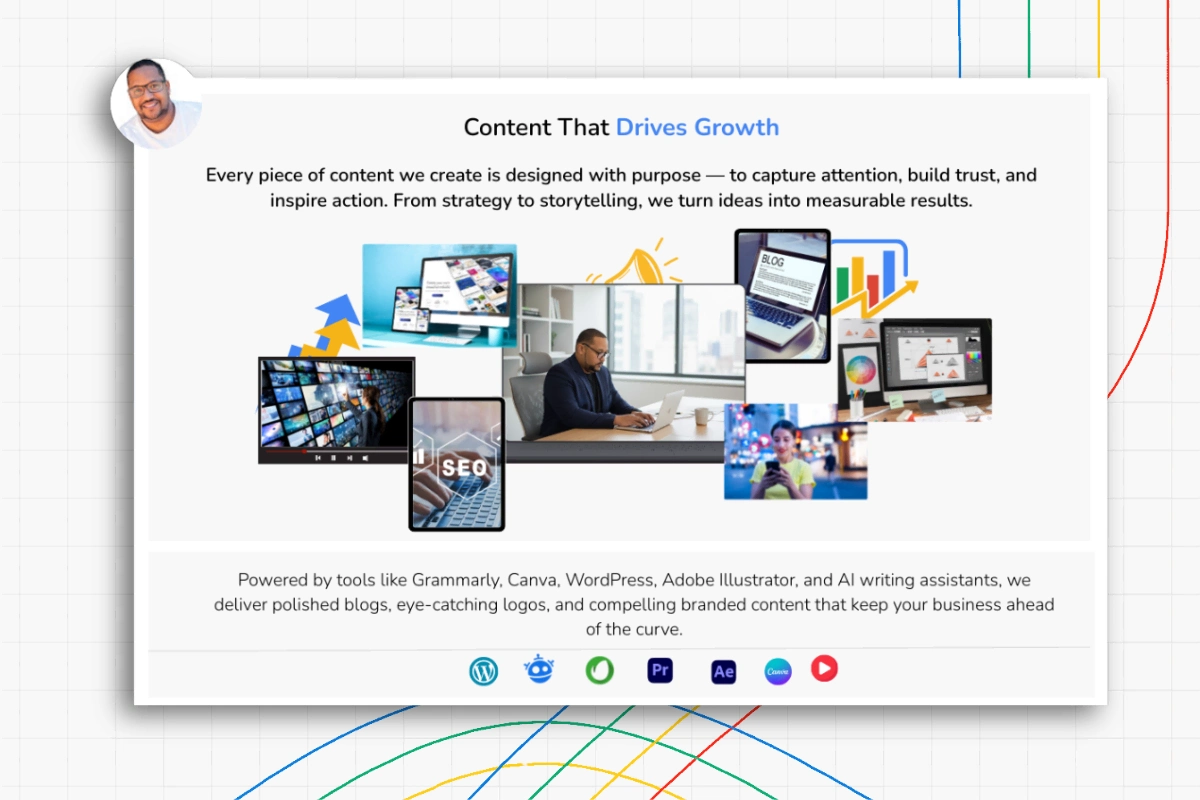 Screenshot of a webpage displaying a content creator at a desk, surrounded by images of digital tools, graphs, SEO, and branding elements—highlighting how content marketing services drive business growth.