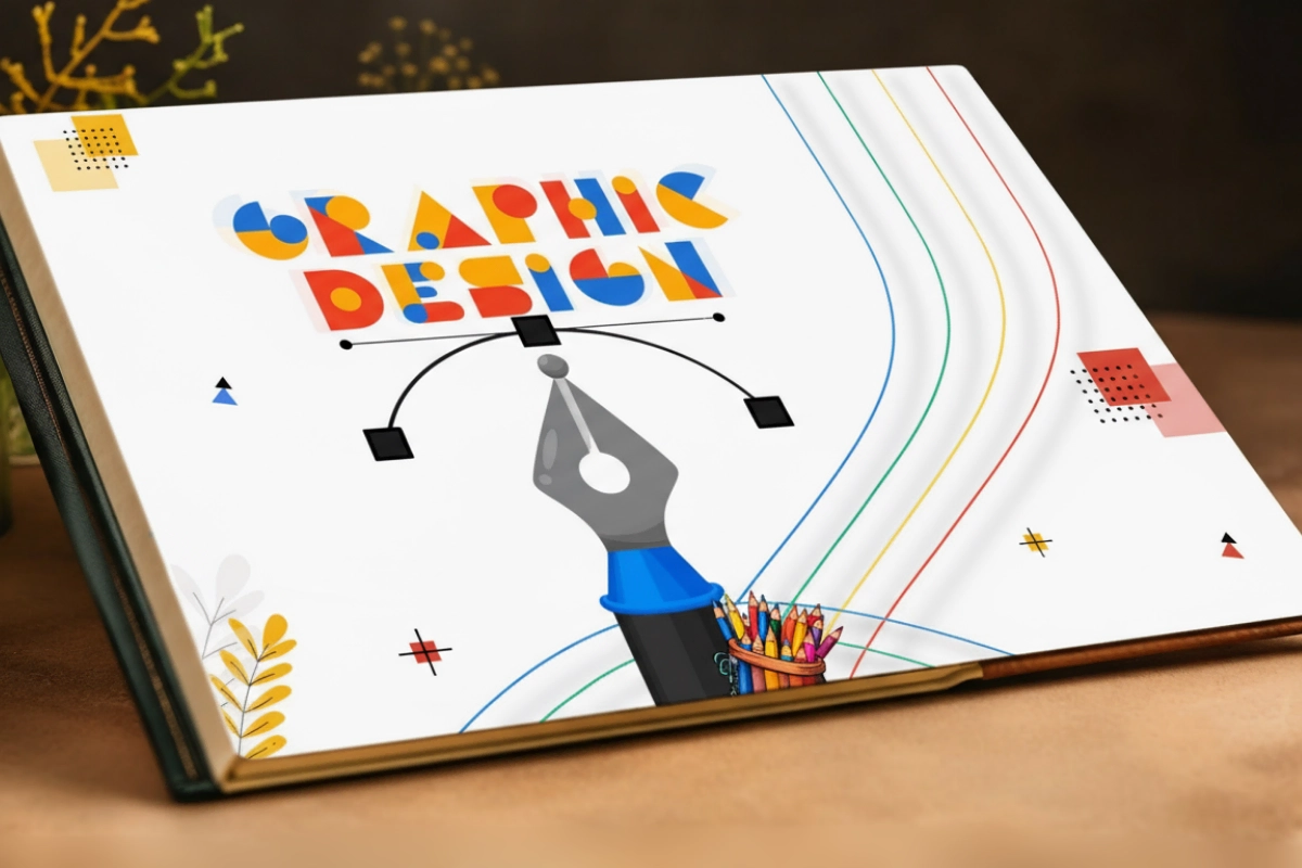 An open sketchbook displaying the words "Graphic Design" in colorful letters, a pen tool graphic, and multicolored lines on a white background—perfect inspiration for aspiring graphic designers.