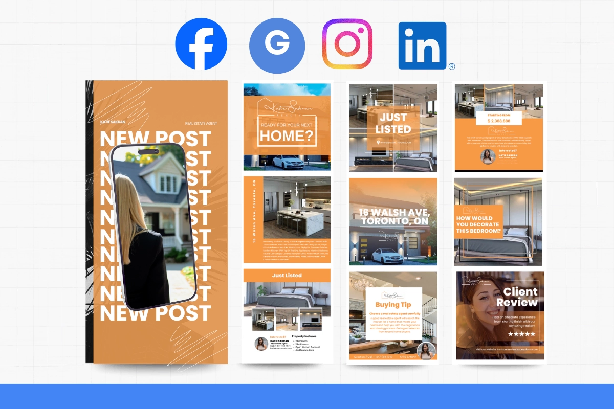 A set of orange-themed real estate social media post templates, perfect for showcasing your social media marketing services, displayed with Facebook, Google, Instagram, and LinkedIn logos above.