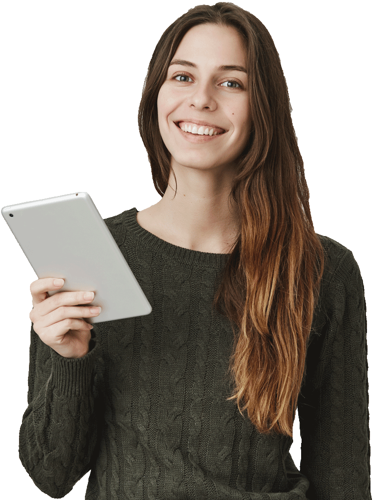 A woman with long brown hair wearing a dark sweater is smiling and holding a tablet in her right hand, ready to tackle her next project at the digital marketing agency, against a plain background.