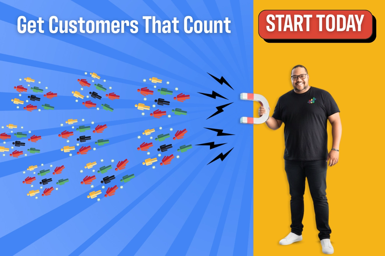A man holds a magnet attracting cartoon people, with the text "Get Customers That Count," promoting a digital marketing agency and a "Start Today" button on a blue and yellow background.