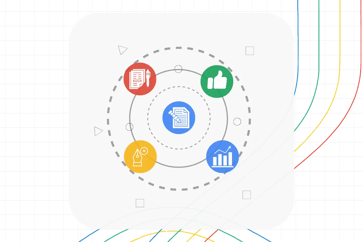 A central document icon is surrounded by four colored icons—red for writing, green for thumbs up, yellow for a warning, and blue for a bar chart—connected by dotted circles, representing key elements of a Digital Marketing System.