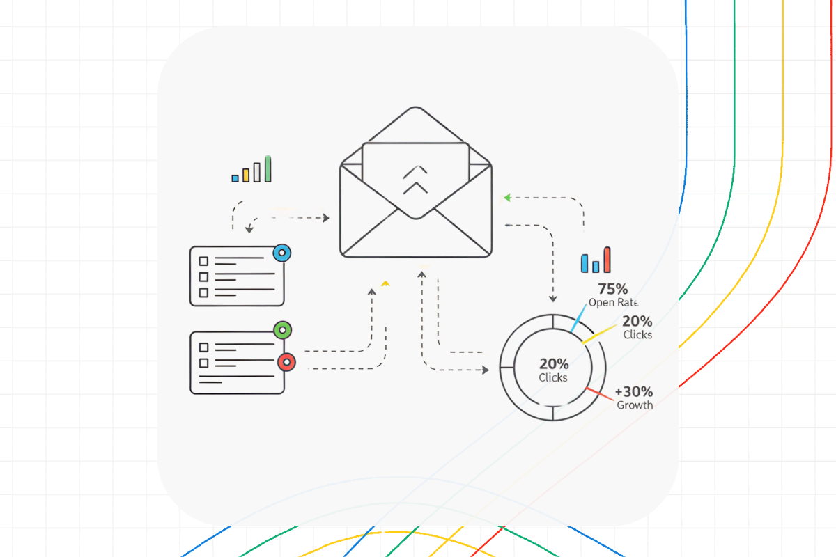 Diagram illustrating a Digital Marketing System: an envelope icon with arrows linking to bar charts, checklists, and a pie chart showing key email metrics—75% open rate, 20% clicks, and 30% growth.