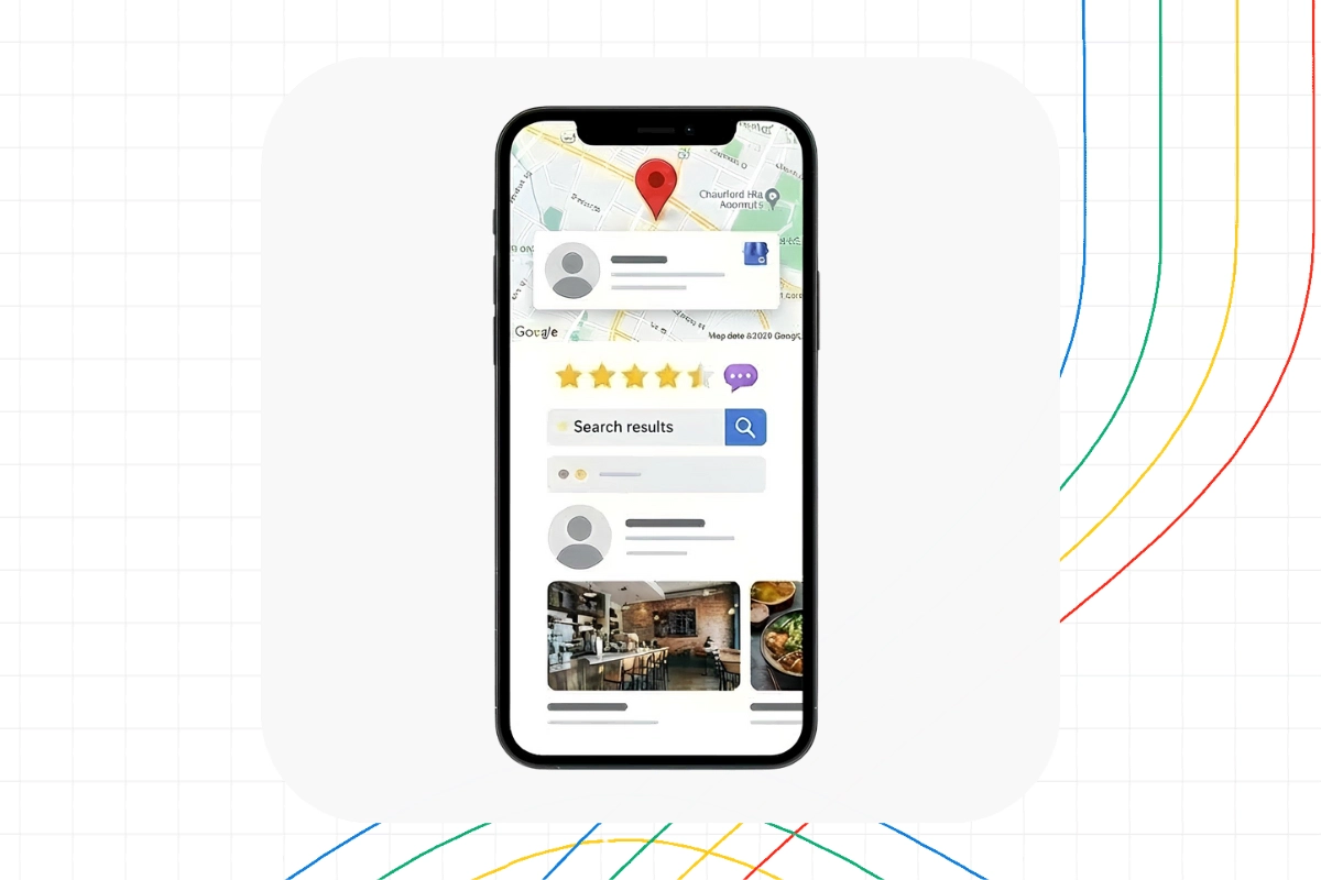 A smartphone screen displays a map with a location pin, user profiles, star ratings, a search bar, images of a restaurant interior, and insights powered by a Digital Marketing System.