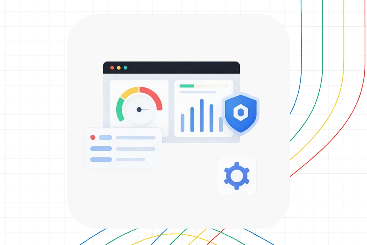 Illustration of a web dashboard with a speed gauge, bar chart, shield icon, settings gear, and data card, representing analytics and security features in a Digital Marketing System.