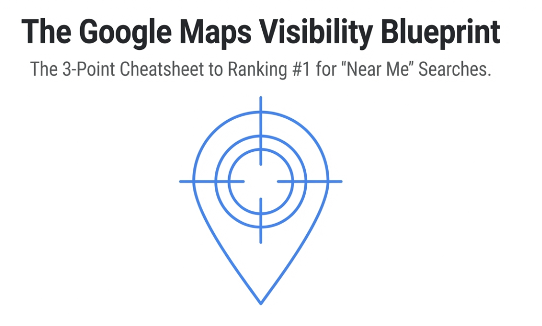A map pin icon with a target overlay is shown below the text: "The Google Maps Visibility Blueprint: The 3-Point Cheatsheet to Ranking #1 for 'Near Me' Searches for unbeatable local SEO success.